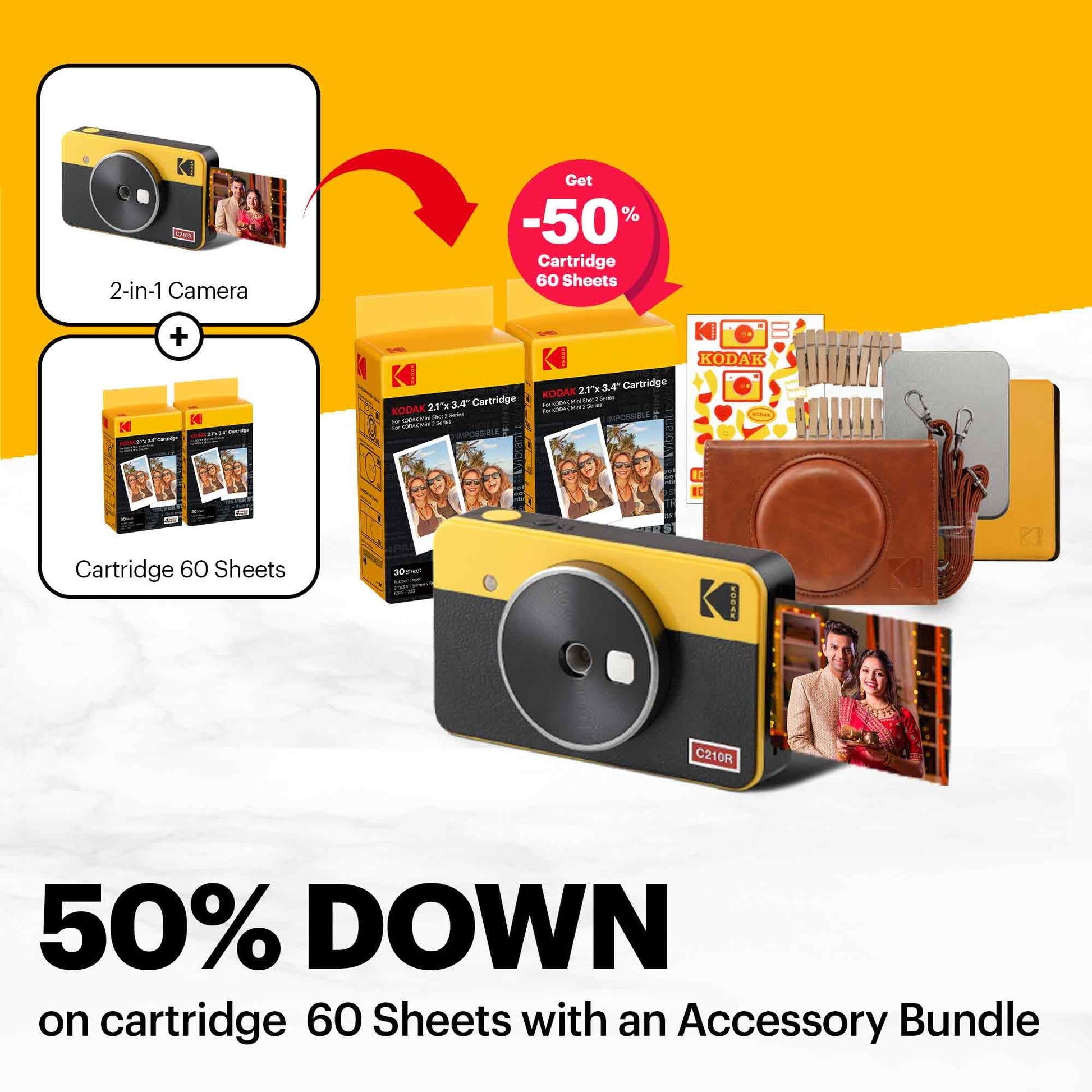 Kodak Mini Shot 2 Retro 4PASS 2-in-1 Instant Camera & Photo Printer 2.1x3.4" with 68 Sheets Bundle - Yellow - Deccan Retail