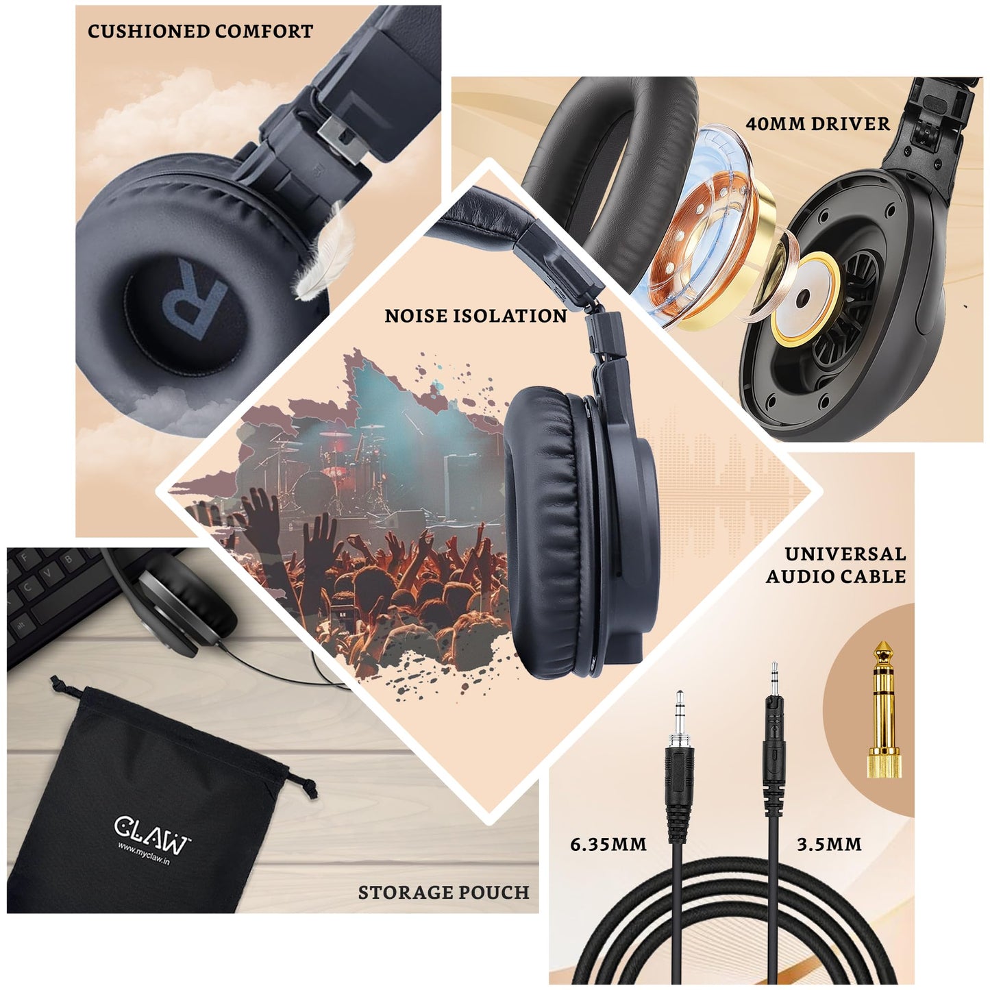 CLAW SM70 Studio Monitoring DJ Wired Over-Ear Headphones with 40mm Drivers - Deccan Retail