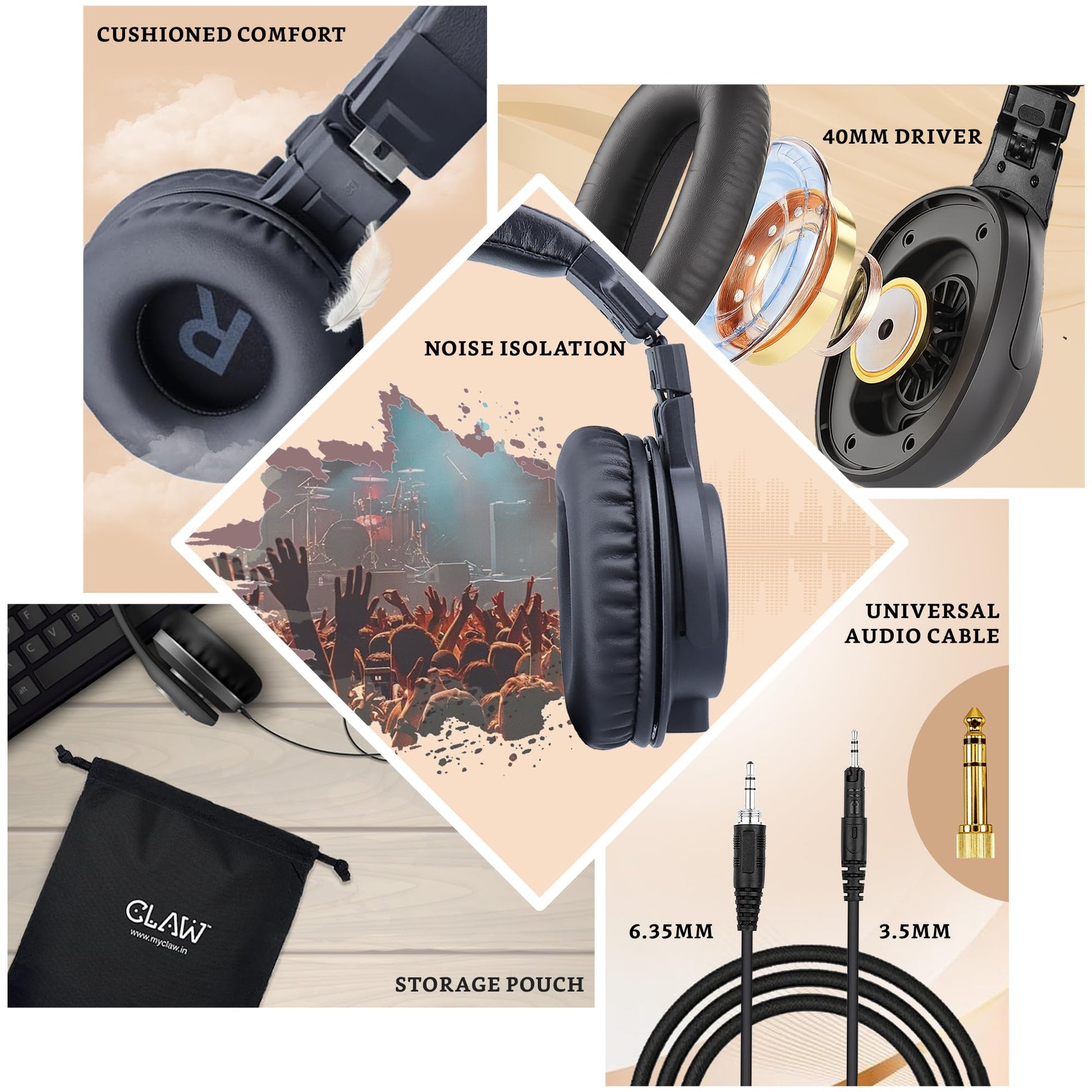 CLAW SM70 Studio Monitoring DJ Wired Over-Ear Headphones with 40mm Drivers - Deccan Retail