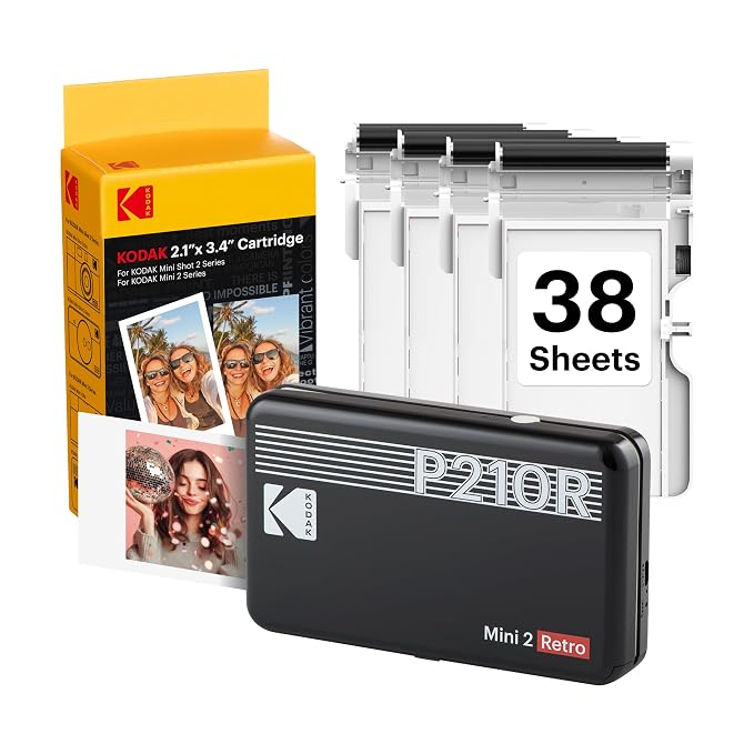 KODAK Mini 2 Retro Portable Photo Printer with 38 Sheets Bundle – Black
