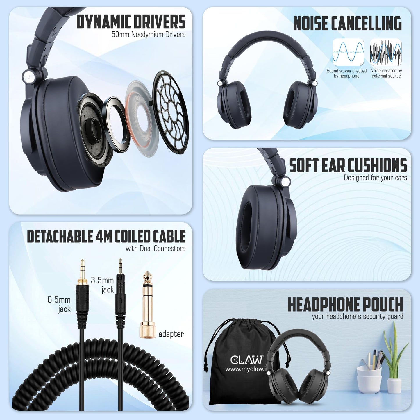 CLAW SM90 Studio Monitoring DJ Wired Over-Ear Headphones with 50mm Drivers - Deccan Retail