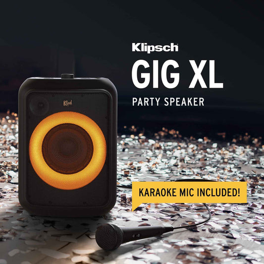 Klipsch Gig XL, Black - Portable Wireless Speaker - Multiple Color Modes - Bass Boost - 6.5" Woofer & 2" Tweeter - 8-Hour Playtime - Splash Resistant - Karaoke Mic Included