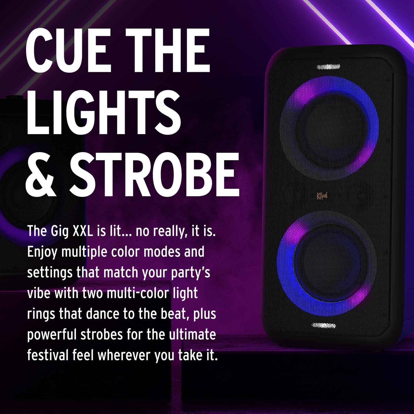 Klipsch Gig XXL, Black - Portable Wireless Bluetooth Speaker - Multiple Color Modes - Bass Boost - Two 6.5" Woofers & Two 2" Tweeters - 8-Hour Playtime