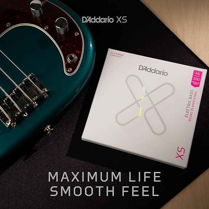 D'Addario Bass Guitar Strings, XS Coated Electric, XSB45105, Light Top/Medium Bottom 45-105, 4-String Set, Pack of 1