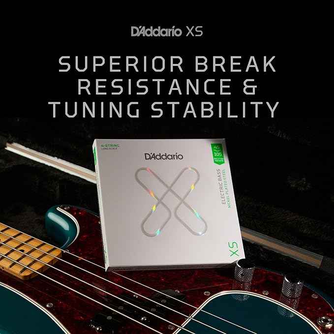 D'Addario Bass Guitar Strings, XS Coated Electric, XSB45105, Light Top/Medium Bottom 45-105, 4-String Set, Pack of 1
