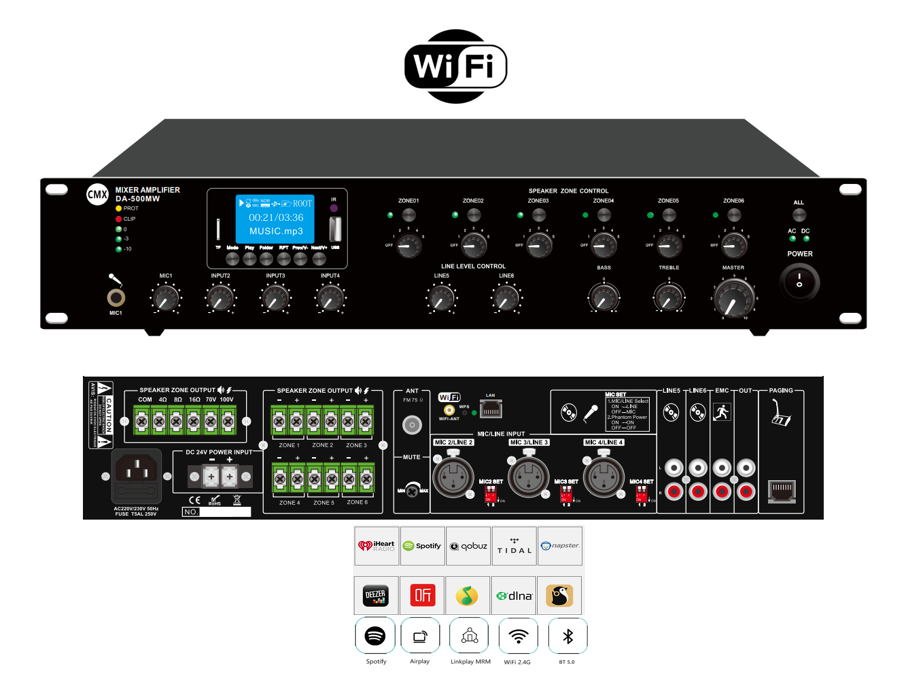 CMX DA-MW Series Wi-Fi Internet Streaming 6 Zone Mixer Amplifier with Bluetooth, USB, FM & MP3 (DA-120MW / DA-240MW / DA-350MW / DA-500MW) - Deccan Retail