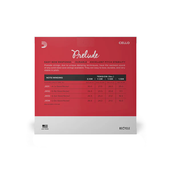D'Addario Prelude Cello String Set 3/4 Scale Medium Tension (J1010 3/4M) - Deccan Retail