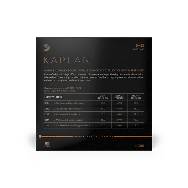 D'Addario Kaplan Bass String Set 3/4 Scale Light Tension (K610 3/4L) - Deccan Retail