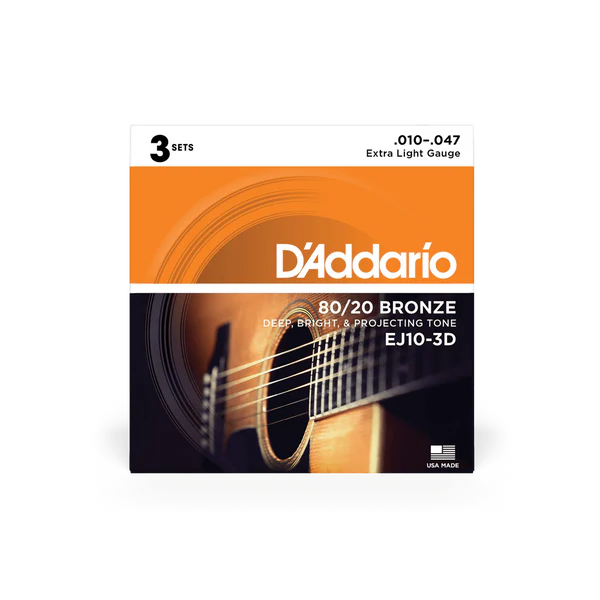 D'Addario EJ10-3D 80/20 Bronze Acoustic Guitar Strings Extra Light 10-47 (3-Pack) - Deccan Retail