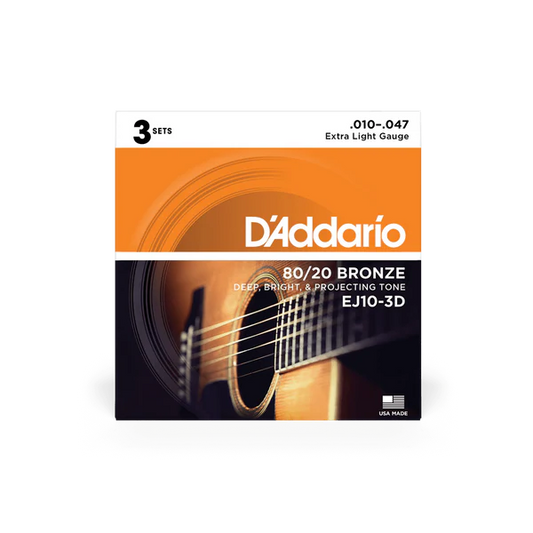D'Addario EJ10-3D 80/20 Bronze Acoustic Guitar Strings Extra Light 10-47 (3-Pack) - Deccan Retail