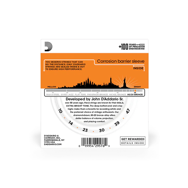 D'Addario EJ10-3D 80/20 Bronze Acoustic Guitar Strings Extra Light 10-47 (3-Pack) - Deccan Retail
