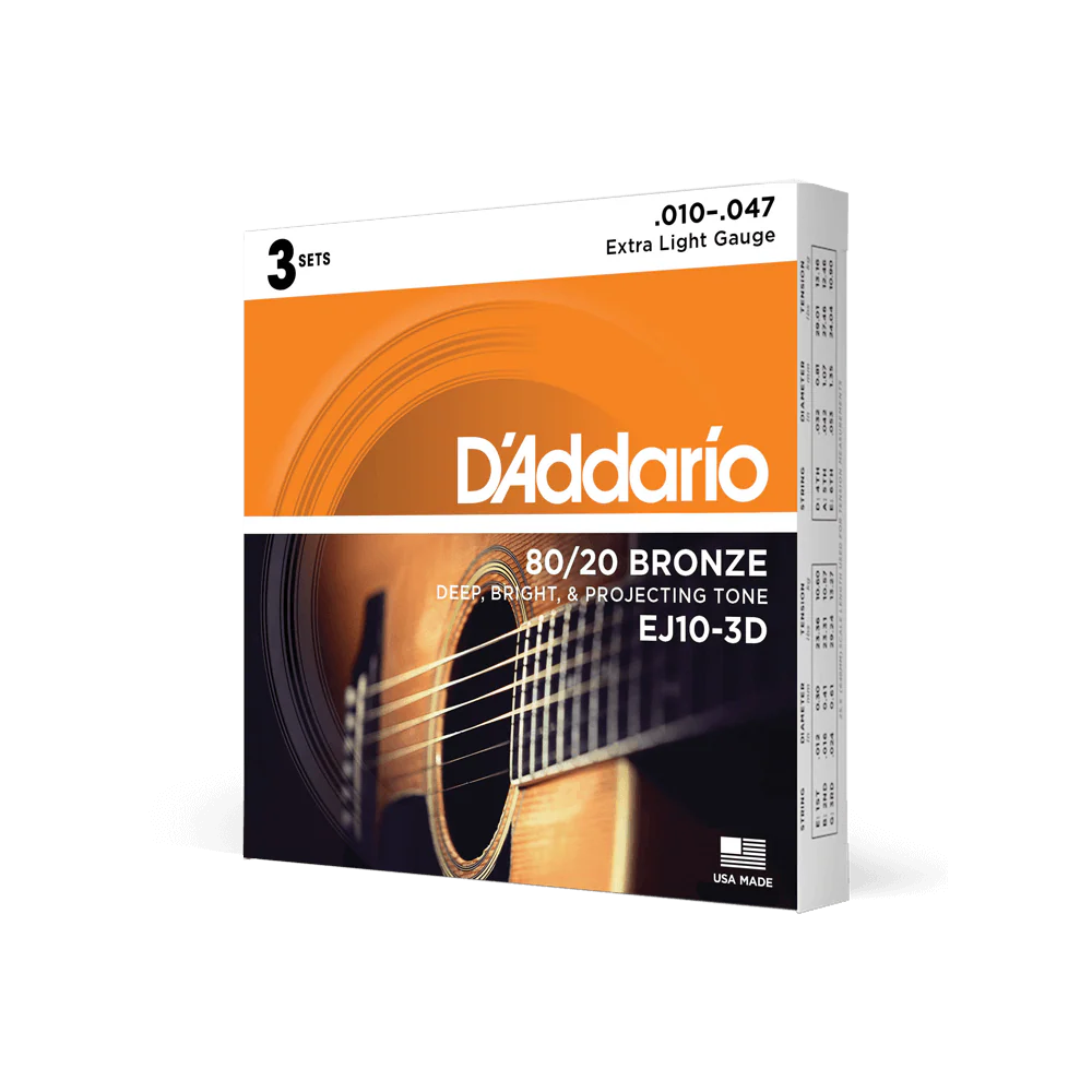 D'Addario EJ10-3D 80/20 Bronze Acoustic Guitar Strings Extra Light 10-47 (3-Pack) - Deccan Retail