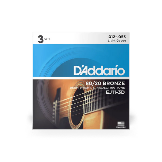 D'Addario EJ11-3D 80/20 Bronze Acoustic Guitar Strings Regular Light 12-53 (3-Pack) - Deccan Retail
