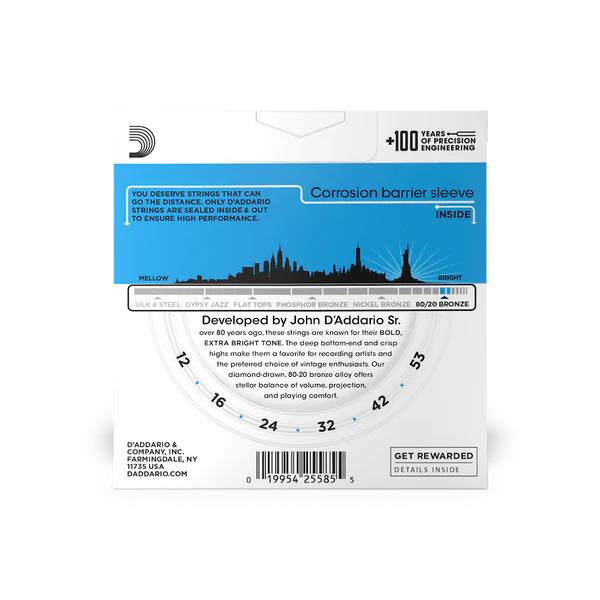 D'Addario EJ11-3D 80/20 Bronze Acoustic Guitar Strings Regular Light 12-53 (3-Pack) - Deccan Retail