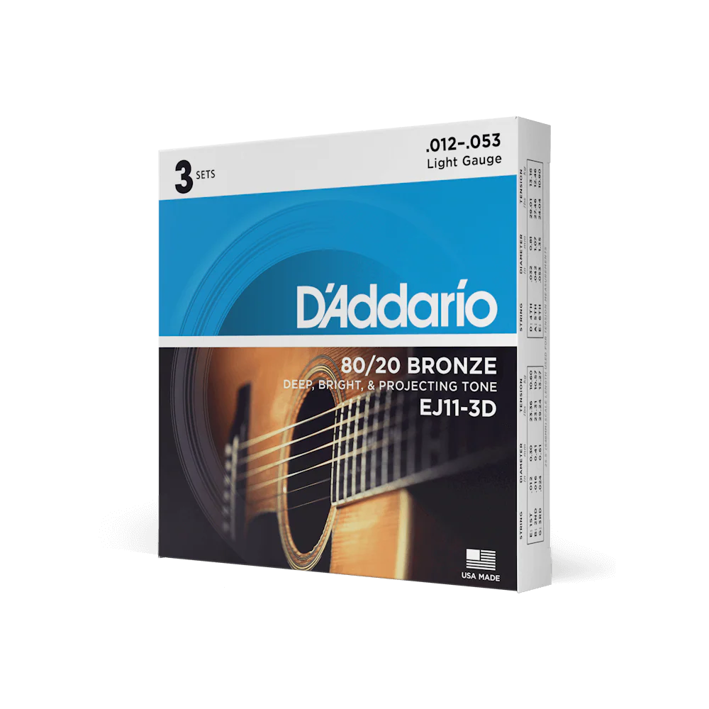D'Addario EJ11-3D 80/20 Bronze Acoustic Guitar Strings Regular Light 12-53 (3-Pack) - Deccan Retail