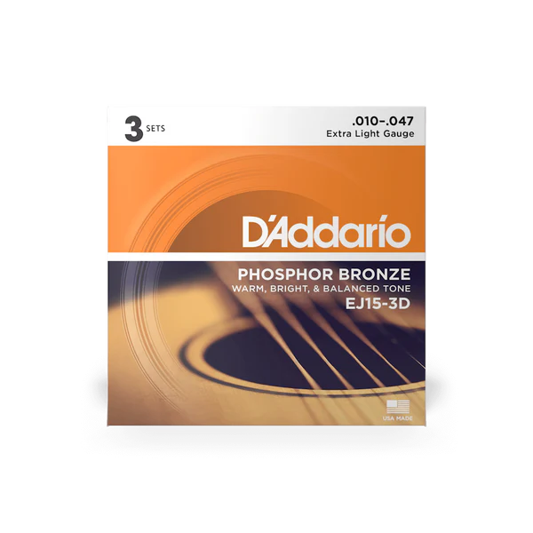 D'Addario EJ15-3D Phosphor Bronze Acoustic Guitar Strings Extra Light 10-47 (3-Pack) - Deccan Retail