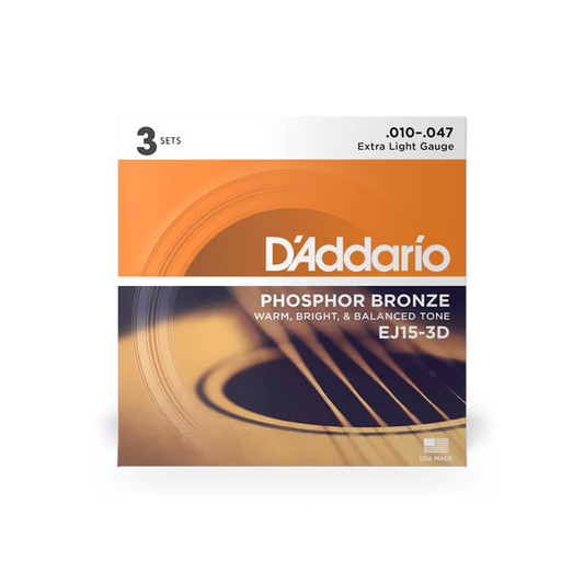 D'Addario EJ15-3D Phosphor Bronze Acoustic Guitar Strings Extra Light 10-47 (3-Pack) - Deccan Retail