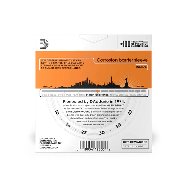 D'Addario EJ15-3D Phosphor Bronze Acoustic Guitar Strings Extra Light 10-47 (3-Pack) - Deccan Retail