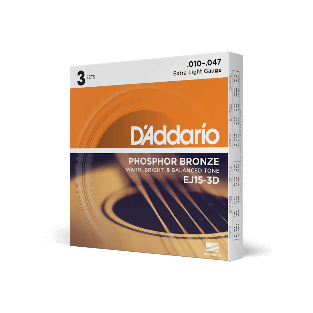 D'Addario EJ15-3D Phosphor Bronze Acoustic Guitar Strings Extra Light 10-47 (3-Pack) - Deccan Retail