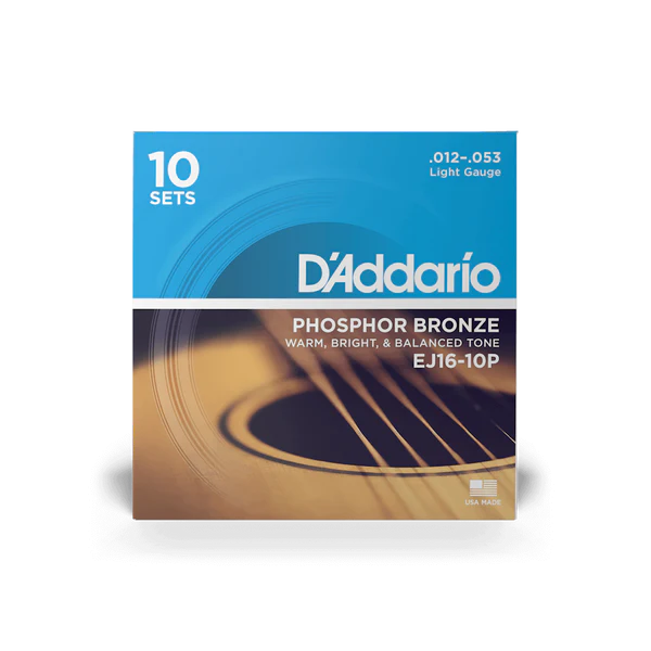 D'Addario EJ16-3D Phosphor Bronze Acoustic Guitar Strings Light 12-53 (10-Pack) - Deccan Retail