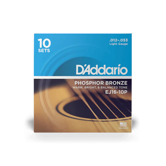 D'Addario EJ16-3D Phosphor Bronze Acoustic Guitar Strings Light 12-53 (10-Pack) - Deccan Retail