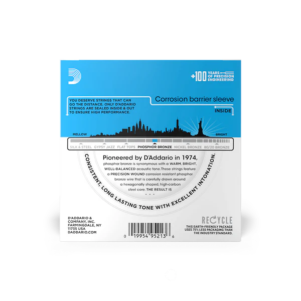 D'Addario EJ16-3D Phosphor Bronze Acoustic Guitar Strings Light 12-53 (10-Pack) - Deccan Retail