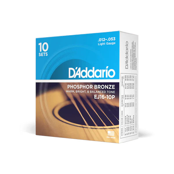 D'Addario EJ16-3D Phosphor Bronze Acoustic Guitar Strings Light 12-53 (10-Pack) - Deccan Retail
