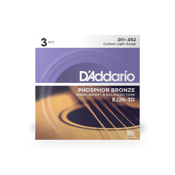 D'Addario EJ26-3D Phosphor Bronze Acoustic Guitar Strings Custom Light 11-52 (3-Pack) - Deccan Retail