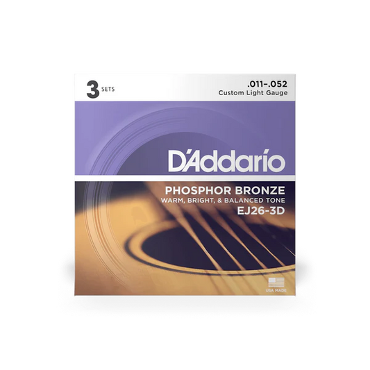 D'Addario EJ26-3D Phosphor Bronze Acoustic Guitar Strings Custom Light 11-52 (3-Pack) - Deccan Retail