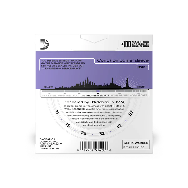 D'Addario EJ26-3D Phosphor Bronze Acoustic Guitar Strings Custom Light 11-52 (3-Pack) - Deccan Retail
