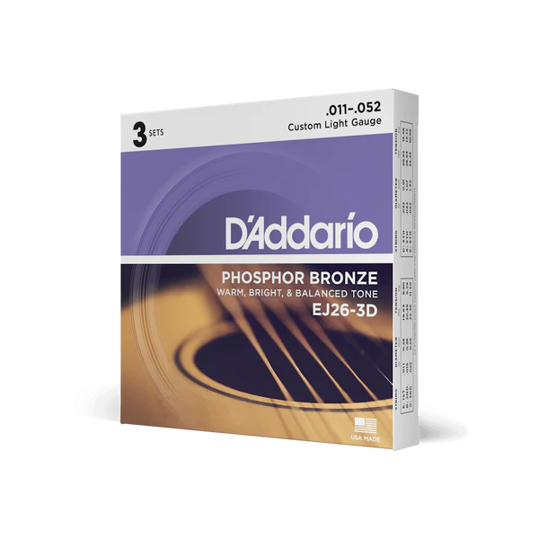 D'Addario EJ26-3D Phosphor Bronze Acoustic Guitar Strings Custom Light 11-52 (3-Pack) - Deccan Retail