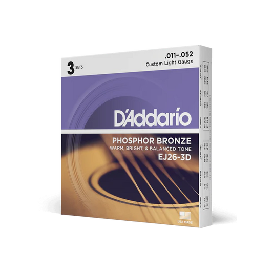 D'Addario EJ26-3D Phosphor Bronze Acoustic Guitar Strings Custom Light 11-52 (3-Pack) - Deccan Retail