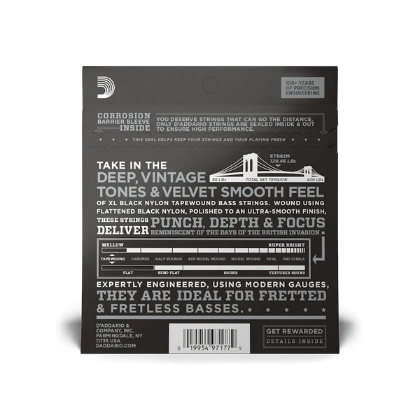 D'Addario ETB92M XL Nylon Tapewound Medium Scale Bass Strings 50-105 Medium