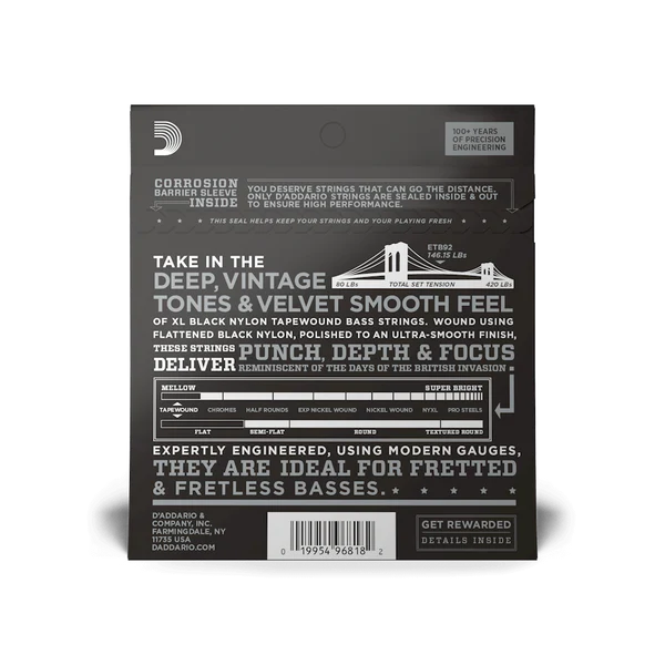 D'Addario ETB92 XL Nylon Tapewound Long Scale Bass Strings 50-105 Medium