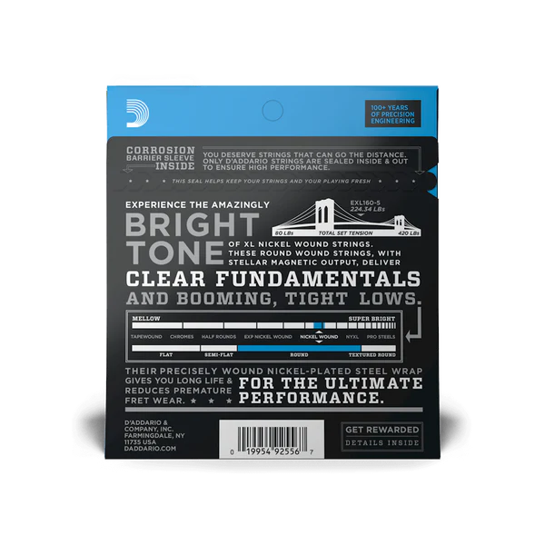 D'Addario EXL160-5 XL Nickel Long Scale 5-String Bass Strings 50-135 Medium - Deccan Retail