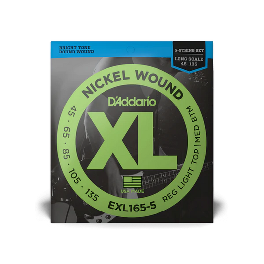 D'Addario EXL165-5 XL Nickel Long Scale 5-String Bass Strings 45-135 Regular Light Top/Medium Bottom - Deccan Retail