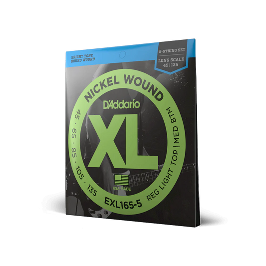 D'Addario EXL165-5 XL Nickel Long Scale 5-String Bass Strings 45-135 Regular Light Top/Medium Bottom - Deccan Retail