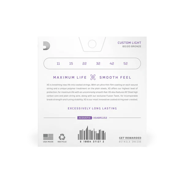 D'Addario XSABR1152 XS 80/20 Bronze Coated Acoustic Guitar Strings 11-52 Custom Light - Deccan Retail