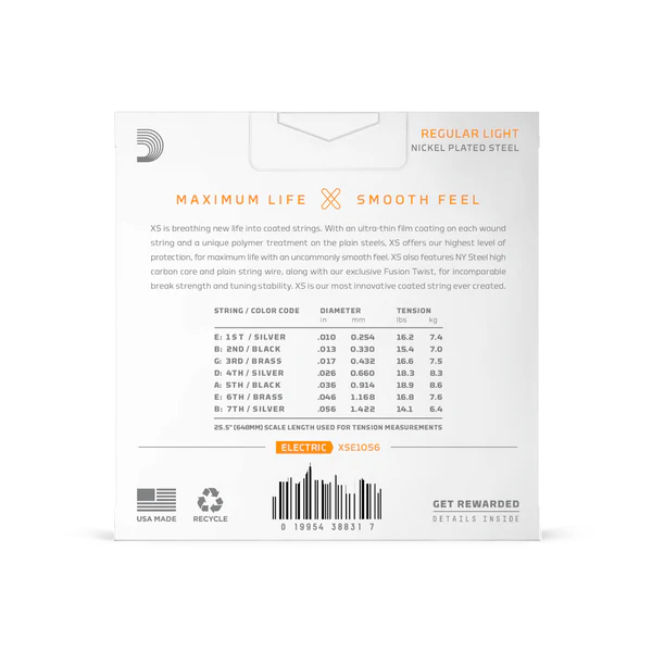 D'Addario XSE1056 XS Nickel Coated 7-String Electric Guitar Strings 10-56 Regular Light - Deccan Retail